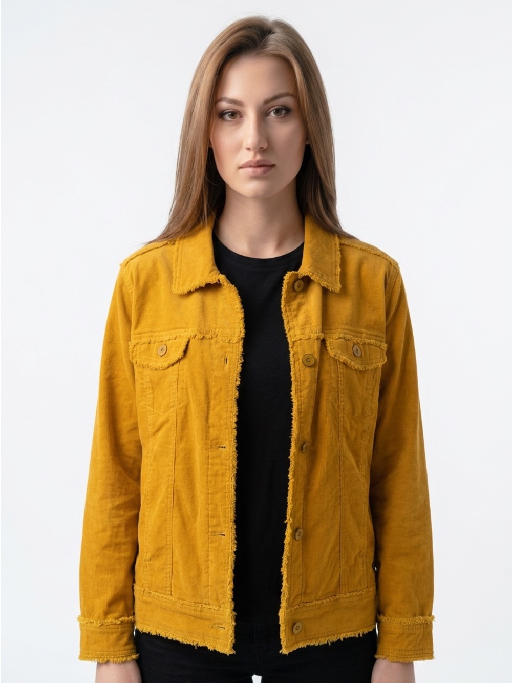 Women's Mustard Yellow Jean Jacket with Frayed Trim